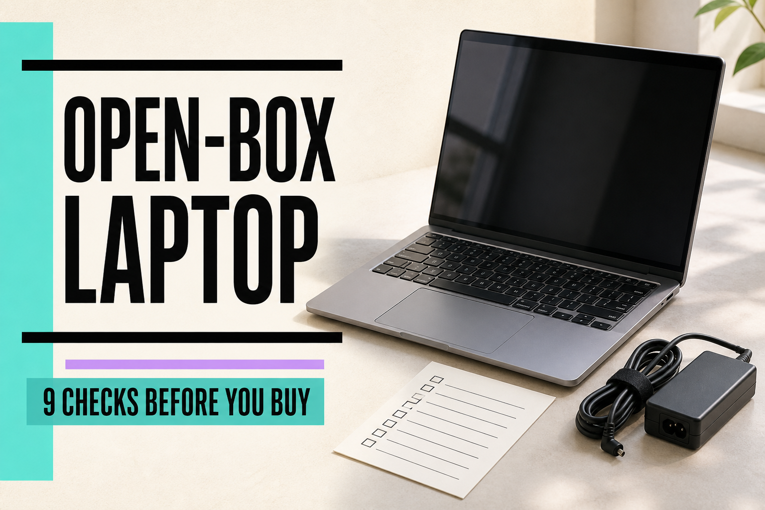 Open laptop, charger, and checklist beside the words Open-Box Laptop: 9 Checks Before You Buy.
